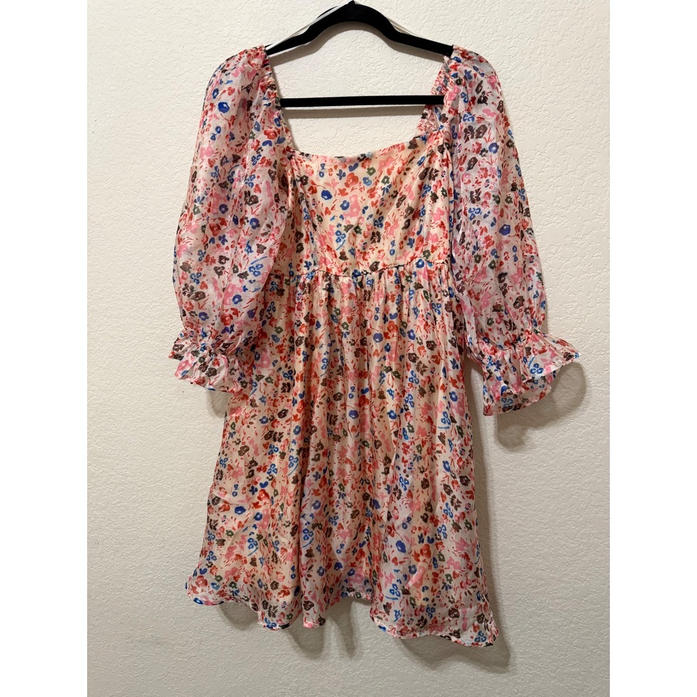 NWT Entro Floral Mini Dress Puff Sleeve Smocked‎ Pink Cottage core dress
